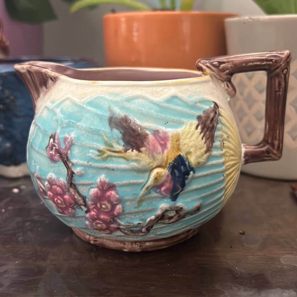 Antique English Majolica Crane Cherry Blossom Flowers on Fan Creamer Pitcher